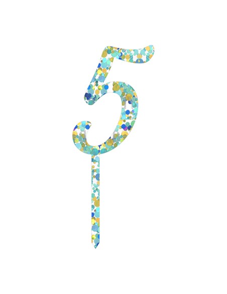 CakeDeco Taarttopper Cijfer 5 - Confetti Turquoise - 10cm