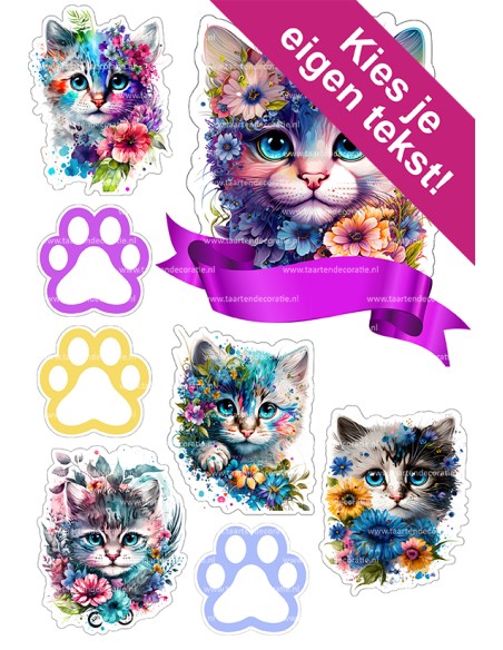 DIY Taarttopper Kat in Bloemen - 16cm