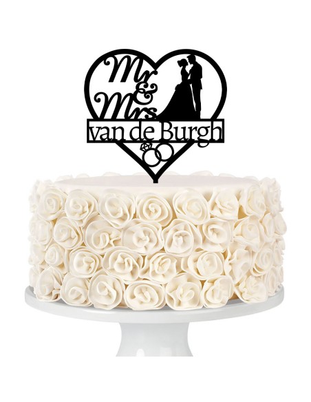 Taarttopper op Maat: Mr & Mrs in Hart Bruidspaar en Naam 2