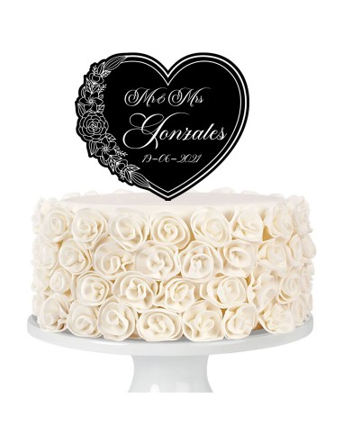 Taarttopper op Maat met Gravure: Hart met Bloemen