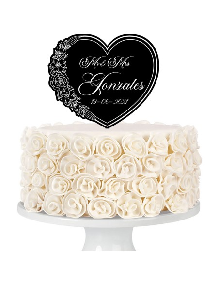 Taarttopper op Maat met Gravure: Hart met Bloemen