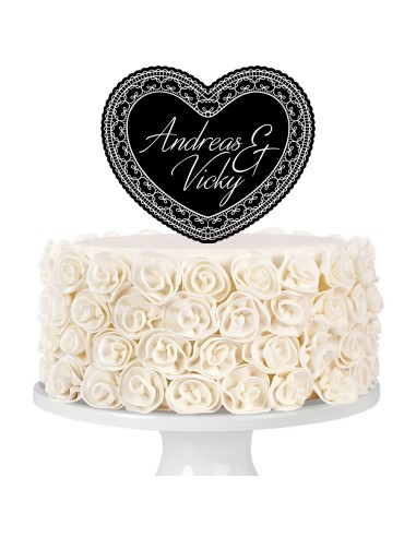 Taarttopper op Maat met Gravure: Hart met Kant en Namen