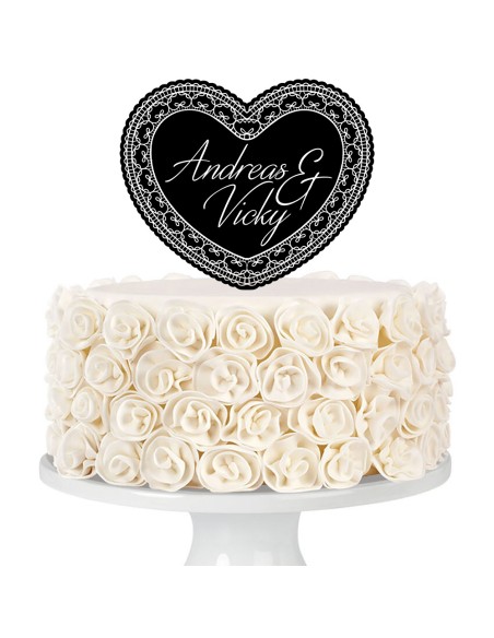 Taarttopper op Maat met Gravure: Hart met Kant en Namen