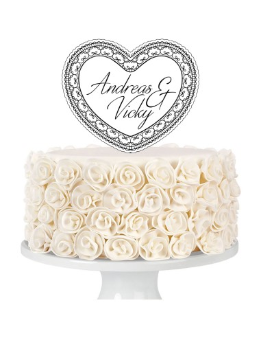 Taarttopper op Maat met Gravure: Hart met Kant en Namen