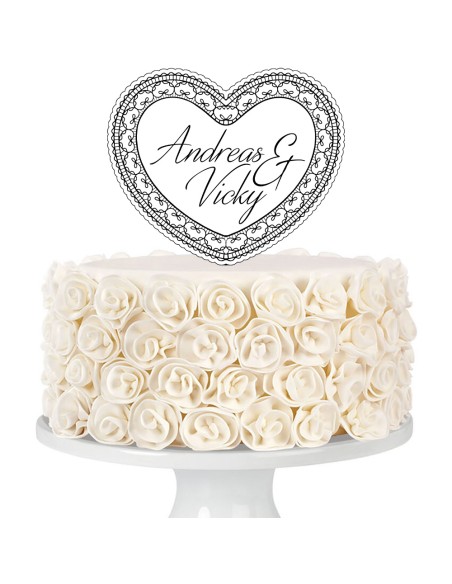 Taarttopper op Maat met Gravure: Hart met Kant en Namen