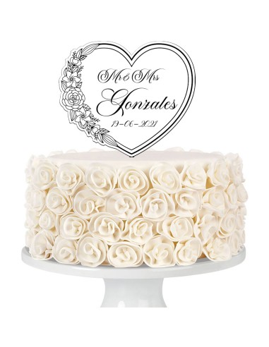 Taarttopper op Maat met Gravure: Hart met Bloemen