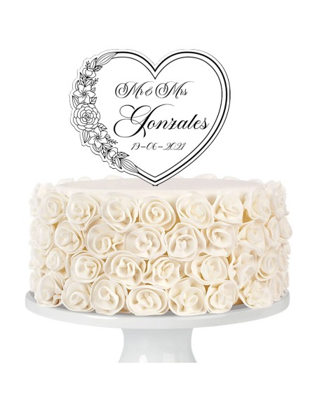 Taarttopper op Maat met Gravure: Hart met Bloemen