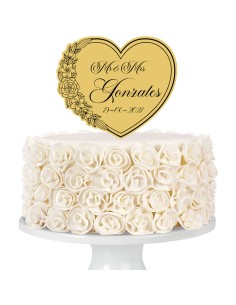 Taarttopper op Maat met Gravure: Hart met Bloemen 2