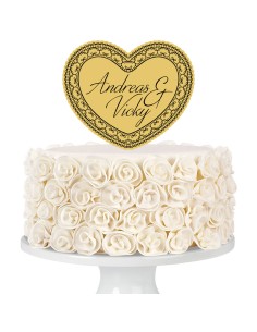 Taarttopper op Maat met Gravure: Hart met Kant en Namen 2