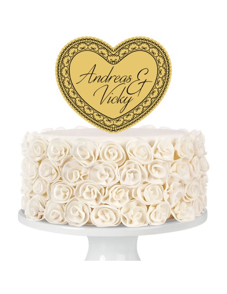 Taarttopper op Maat met Gravure: Hart met Kant en Namen