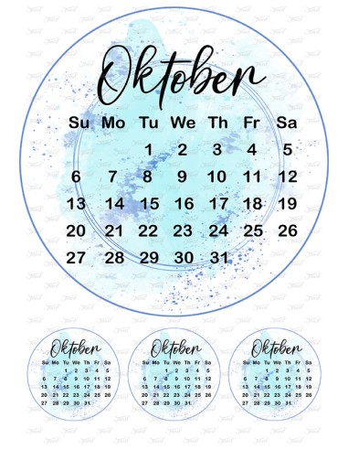 Eetbare Print Kalender Oktober Blauw - 20cm