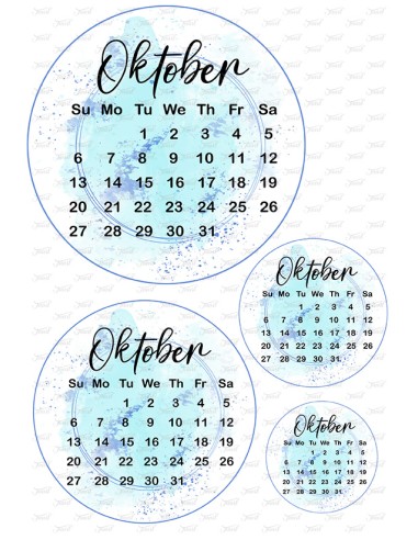 Eetbare Print Kalender Oktober Blauw - 15cm