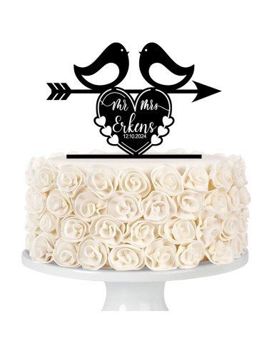 Taarttopper op Maat met Gravure: Mr & Mrs in Hart met Vogels