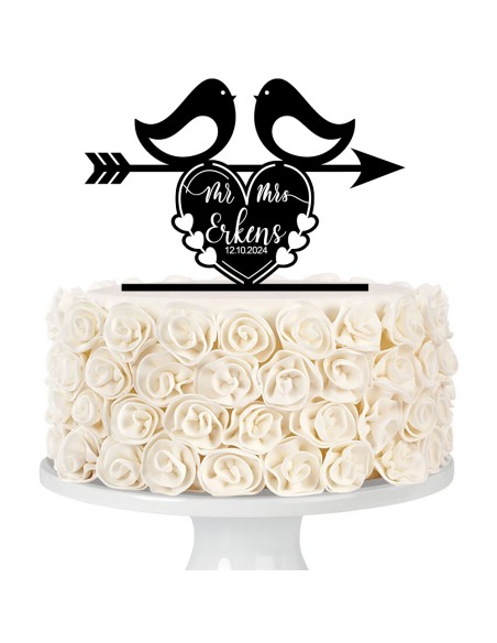 Taarttopper op Maat met Gravure: Mr & Mrs in Hart met Vogels