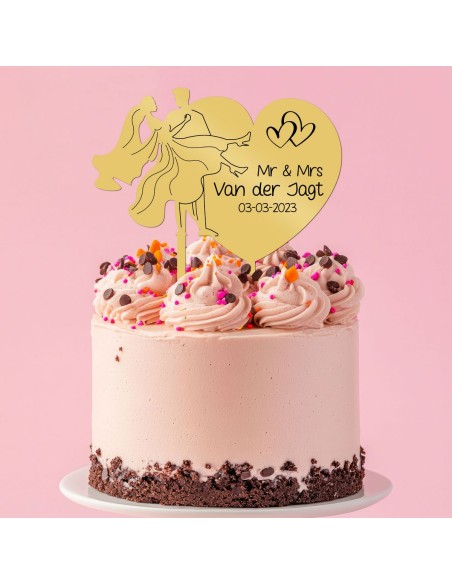 Taarttopper op Maat met Gravure: Bruidspaar in Hart