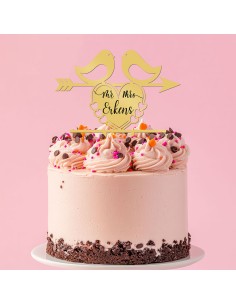 Taarttopper op Maat met Gravure: Mr & Mrs in Hart met Vogels