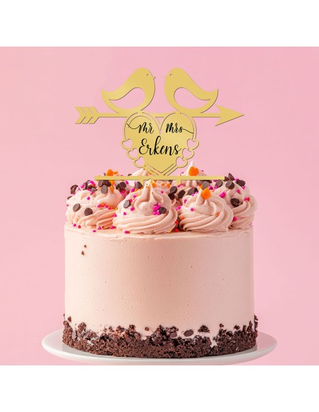 Taarttopper op Maat met Gravure: Mr & Mrs in Hart met Vogels