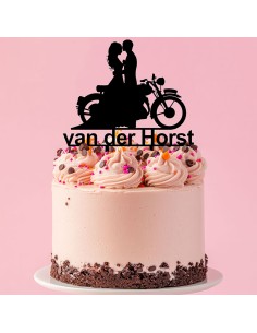 Taarttopper op Maat: Bruidspaar met Motor en Naam