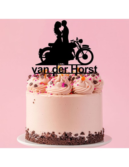 Taarttopper op Maat: Bruidspaar met Motor en Naam
