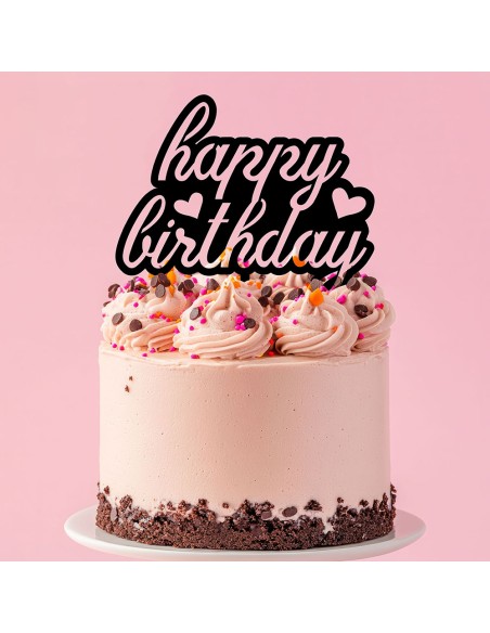 Taarttopper op Maat: Happy Birthday open met Hartjes