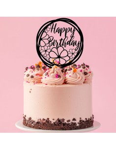 Taarttopper op Maat: Happy Birthday Rond met Bloemen