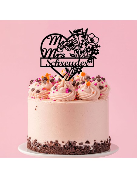 Taarttopper op Maat: Mr & Mr in Hart met Bloemen en Naam