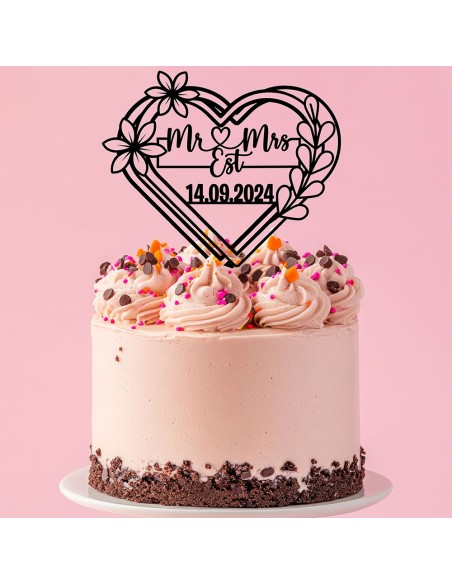Taarttopper op Maat: Mr & Mrs Est. in Hart met Datum