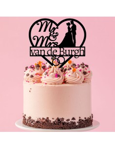 Taarttopper op Maat: Mr & Mrs in Hart Bruidspaar en Naam 2