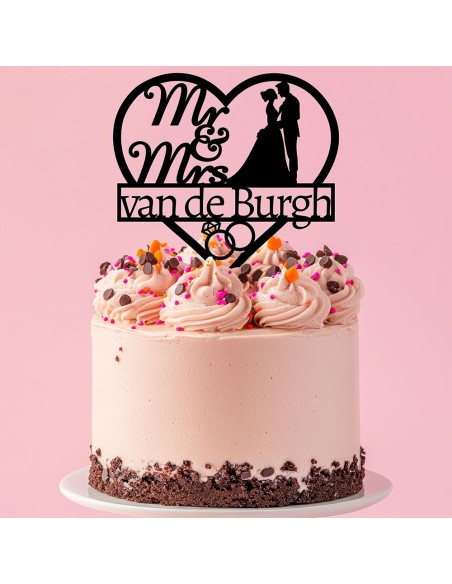 Taarttopper op Maat: Mr & Mrs in Hart Bruidspaar en Naam 2