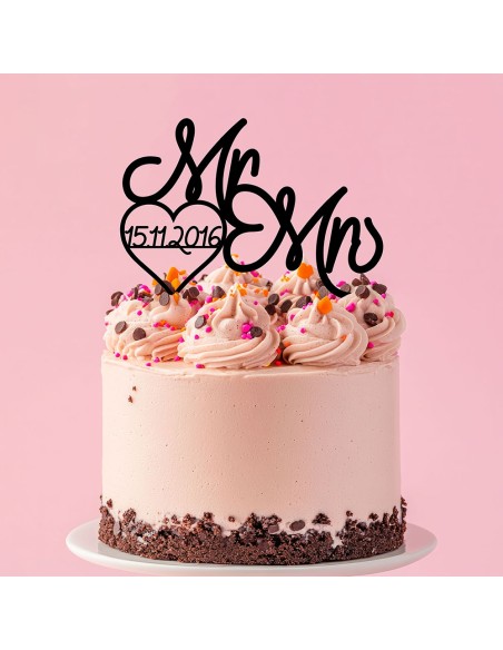 Taarttopper op Maat: Mr & Mrs met Hart en Datum