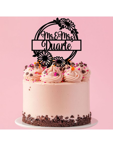 Taarttopper op Maat: Mr & Mrs Rond met Zonnebloemen en Naam