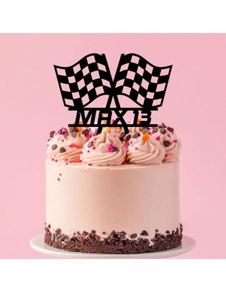 Taarttopper op Maat: Race Vlag met Naam en Leeftijd