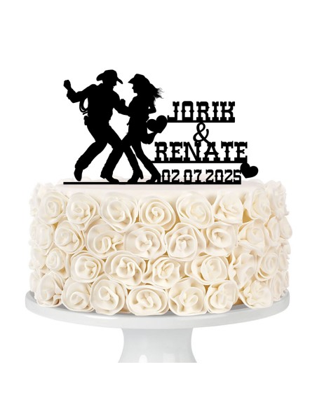 Taarttopper op Maat: Bruidspaar Western met Naam en Datum