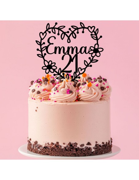 Taarttopper op Maat: Bloemenhart met Naam en Datum