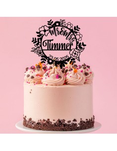 Taarttopper op Maat: Rond Bloemen met Naam en Datum