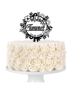 Taarttopper op Maat: Rond Bloemen met Naam en Datum 2