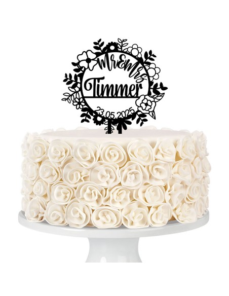 Taarttopper op Maat: Rond Bloemen met Naam en Datum