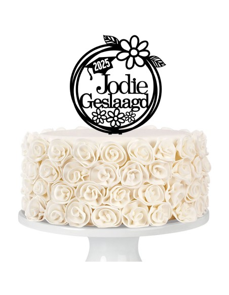 Taarttopper op Maat: Geslaagd Bloemen Rond met Naam