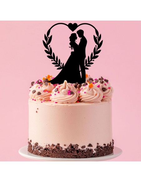 Taarttopper op Maat: Bruidspaar in Hart met Bladeren