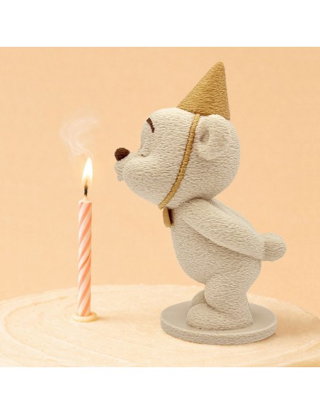3D Taarttopper op Maat: Beertje Blaast Kaarsje Beige/Goud