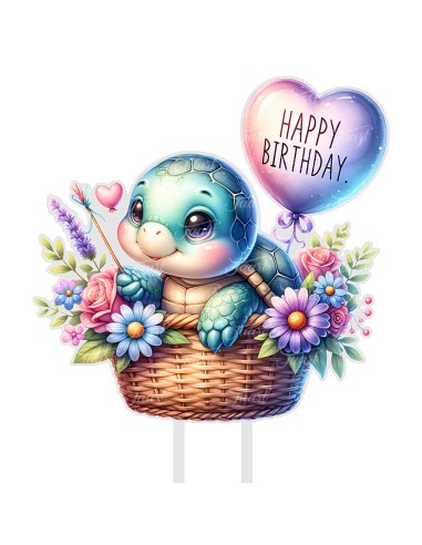 Full Colour Taarttopper op Maat: Happy Birthday Schildpad