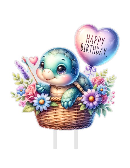 Full Colour Taarttopper op Maat: Happy Birthday Schildpad