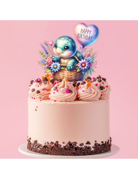 Full Colour Taarttopper op Maat: Happy Birthday Schildpad