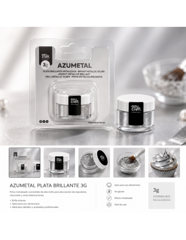 Azucren AzuMetal Eetbare Glanspoeder Helder Zilver -3gr-