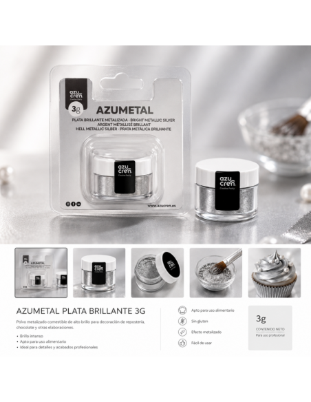 Azucren AzuMetal Eetbare Glanspoeder Helder Zilver -3gr-