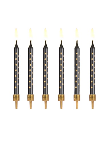 Party Verjaardag Kaarsen Zwart met Gouden Sterren -12st-