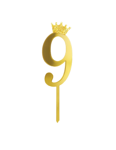 Party Taarttopper Cijfer 9 met Kroon - Spiegel Goud