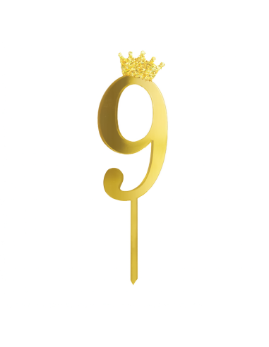 Party Taarttopper Cijfer 9 met Kroon - Spiegel Goud