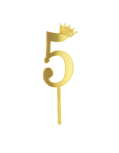 Party Taarttopper Cijfer 5 met Kroon - Spiegel Goud