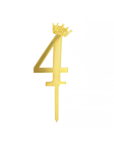 Party Taarttopper Cijfer 4 met Kroon - Spiegel Goud